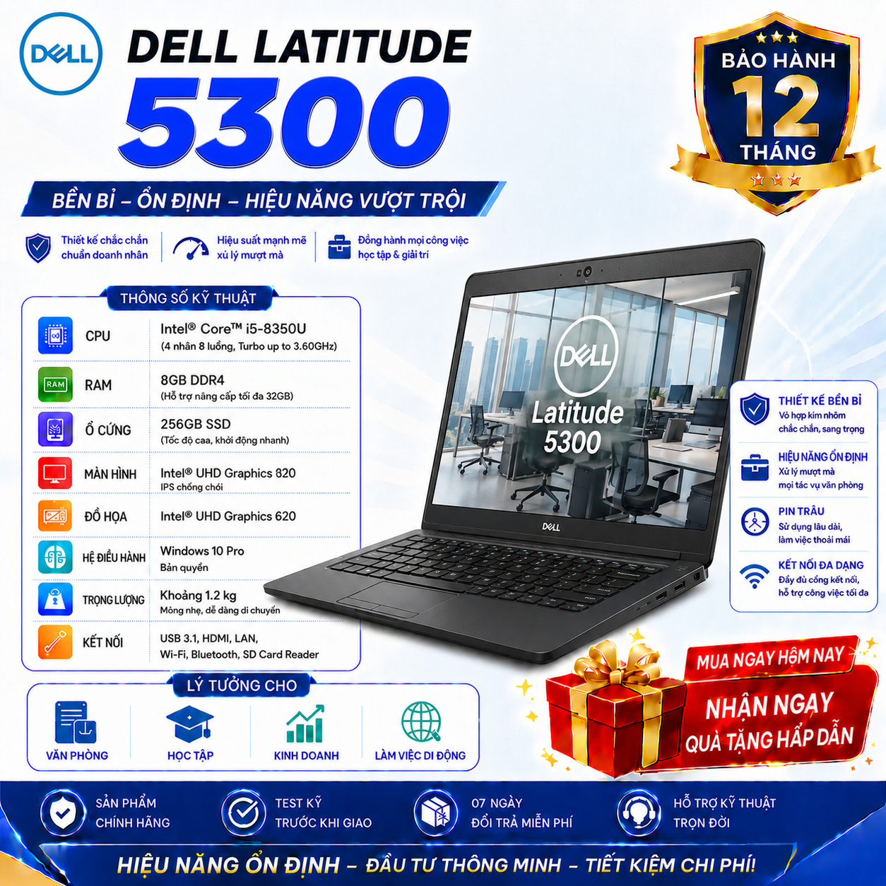 Laptop Dell Latitude 5300/I5-8350U/Ram 8GB/SSD 256GB/13,3 FHD IPS